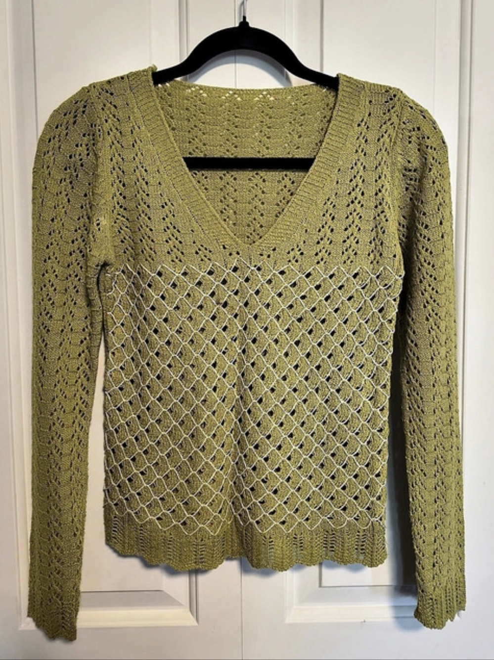 Green V-Neck Hand Made Crochet Sweater